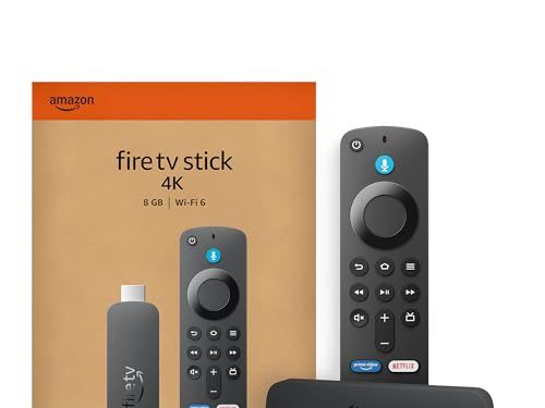 A black streaming stick and remote next to a box labeled Fire TV Stick 4K